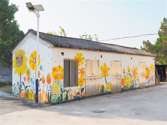 雙橋村發(fā)動返鄉(xiāng)大學(xué)生設(shè)計獨具雙橋特色的墻繪。
