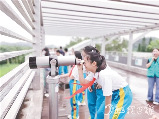 學(xué)生們用望遠鏡觀察鳥類活動。