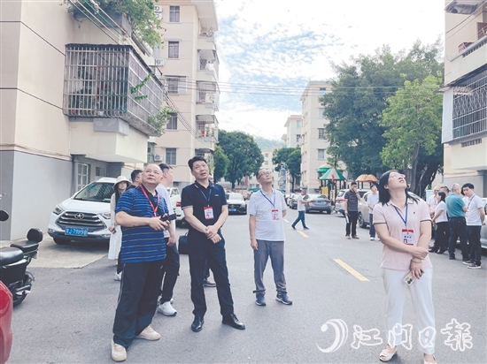 人大代表們視察老舊小區(qū)改造情況。