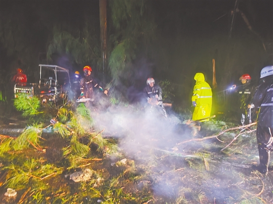 風(fēng)雨勢頭稍減，川島鎮(zhèn)政府迅速聯(lián)合臺山市交通陸島開發(fā)公司、臺山市川山群島旅游發(fā)展有限公司奔赴山咀港進(jìn)港路開展路面清障工作。川島鎮(zhèn)供圖