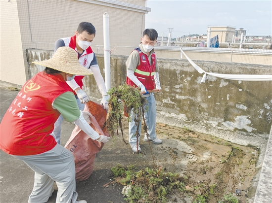 廣大黨員干部當先鋒，圖為鶴山市桃源鎮(zhèn)黨員干部正在清理天臺垃圾。