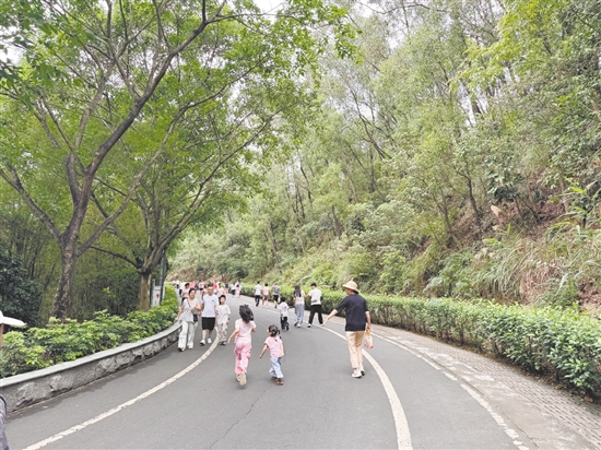 “五一”假期，不少親子家庭到群星公園登山，以文明行為守護僑鄉(xiāng)山水。