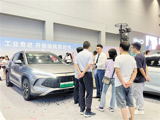 銷(xiāo)售人員向市民講解車(chē)型亮點(diǎn)。